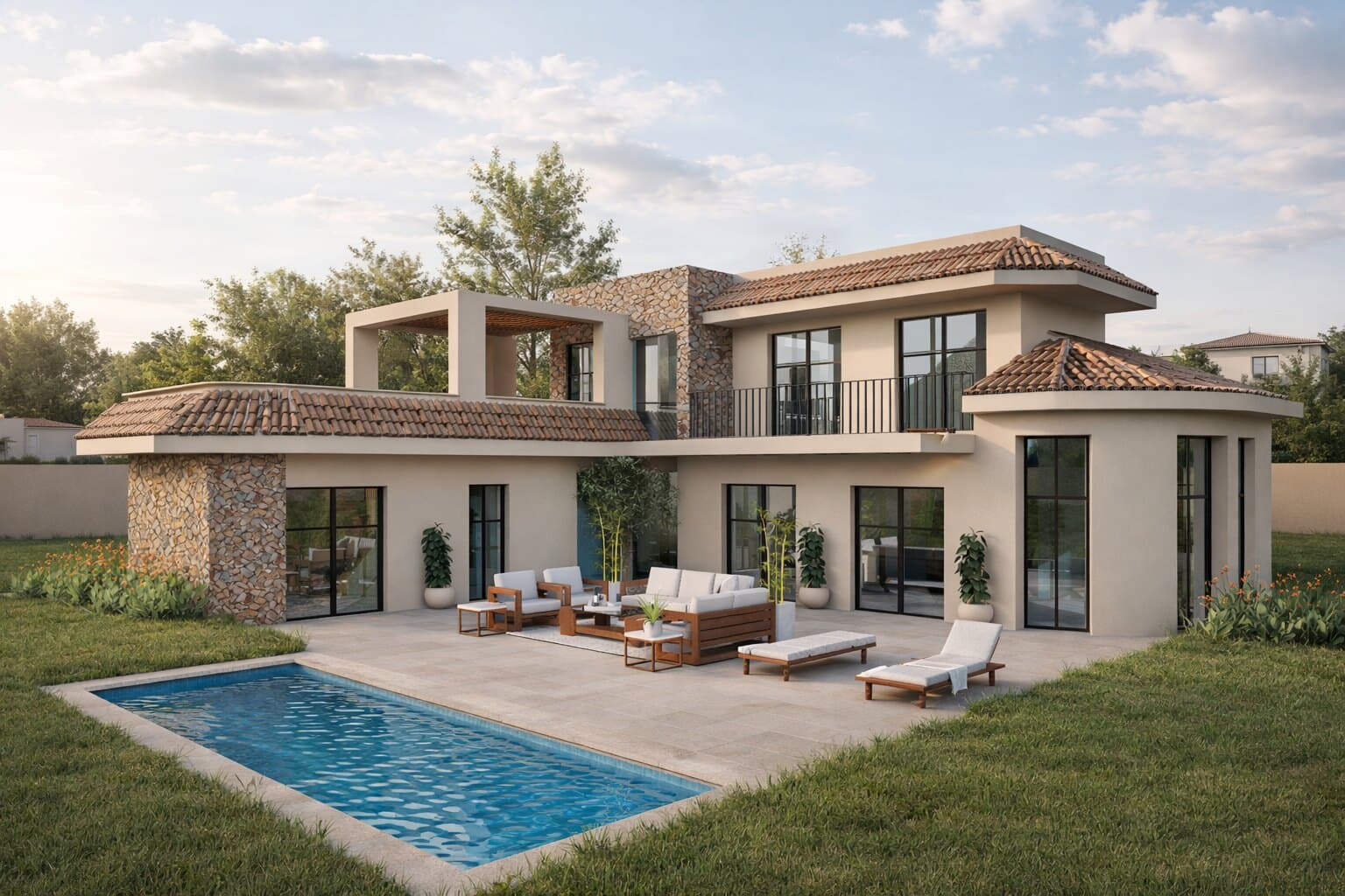 Render: modern Mediterranean villa with stone cladding and a pool, garden view