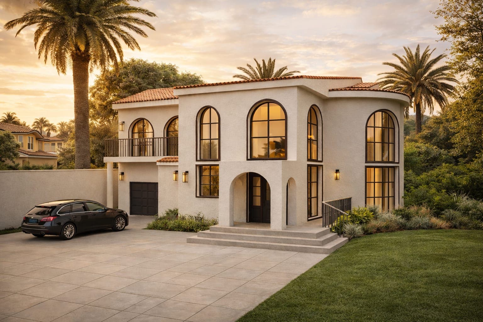 Render: Mediterranean villa at dusk with illuminated arched windows and a driveway