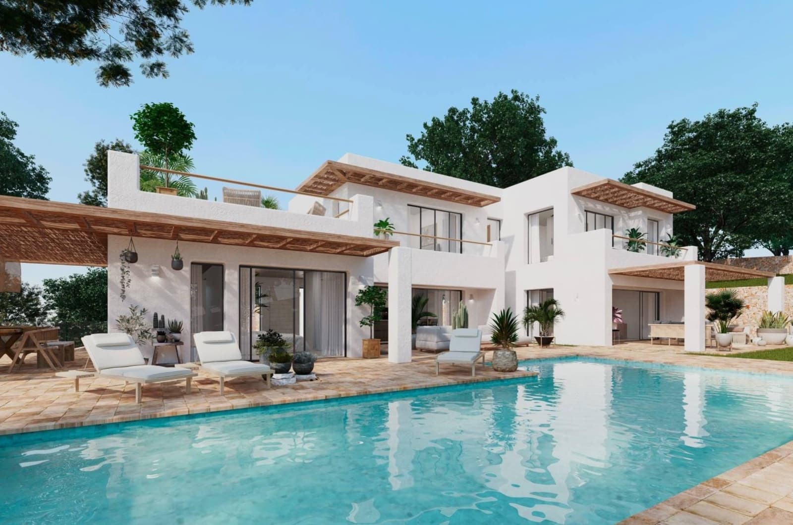 Concept render: modern Mediterranean villa with a pool and timber pergolas